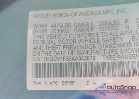 2019 Honda Accord Sport from USA, damaged, VIN 1HGCV1F33KA043879